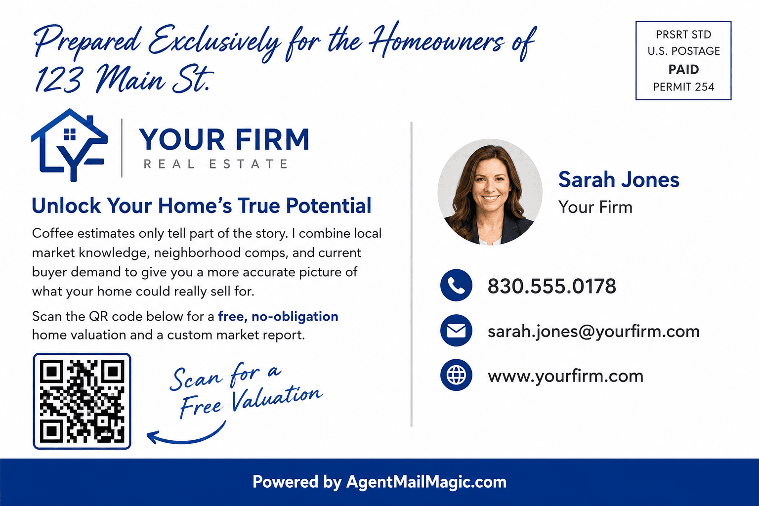 Sample postcard back: brokerage band, personalized message to the homeowner, agent contact info, and QR code for a free home valuation