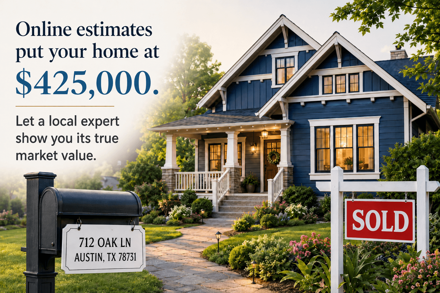 Sample postcard front: AI-personalized real estate postcard with home value, agent portrait, and SOLD sign